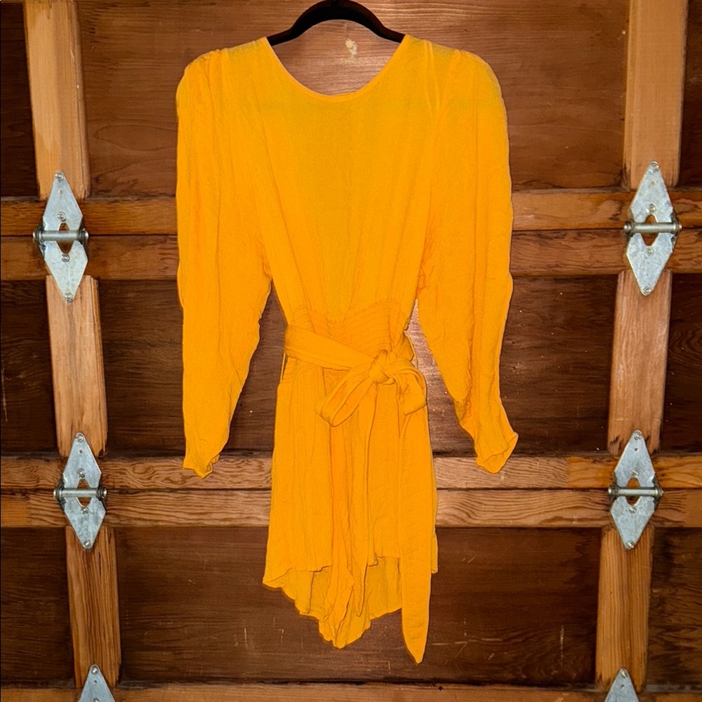 Free People Yellow Tie Front romper with Bishop Sleeves